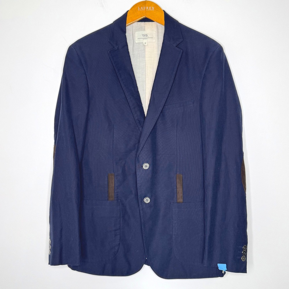 W.R.K. NY Blue 2 button blazer suede elbow patches Size 42